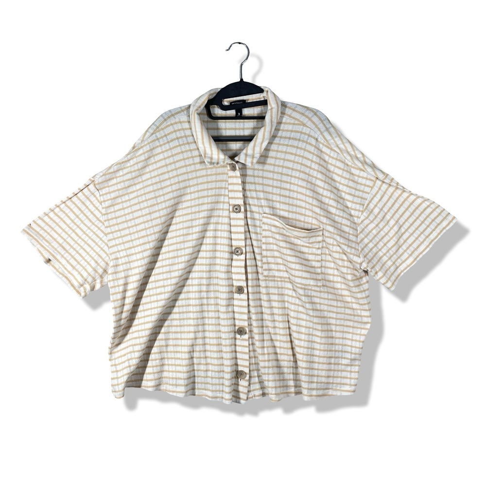 Torrid Button Down Top Womens 3X White Tan Striped Casual Coastal Boho Pointelle
